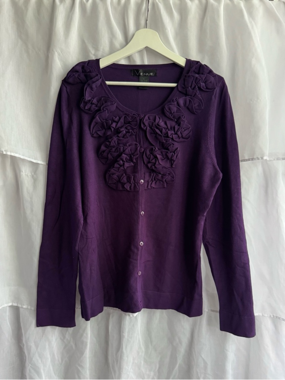 Venue Ruffle Neckline Cardigan Sweater